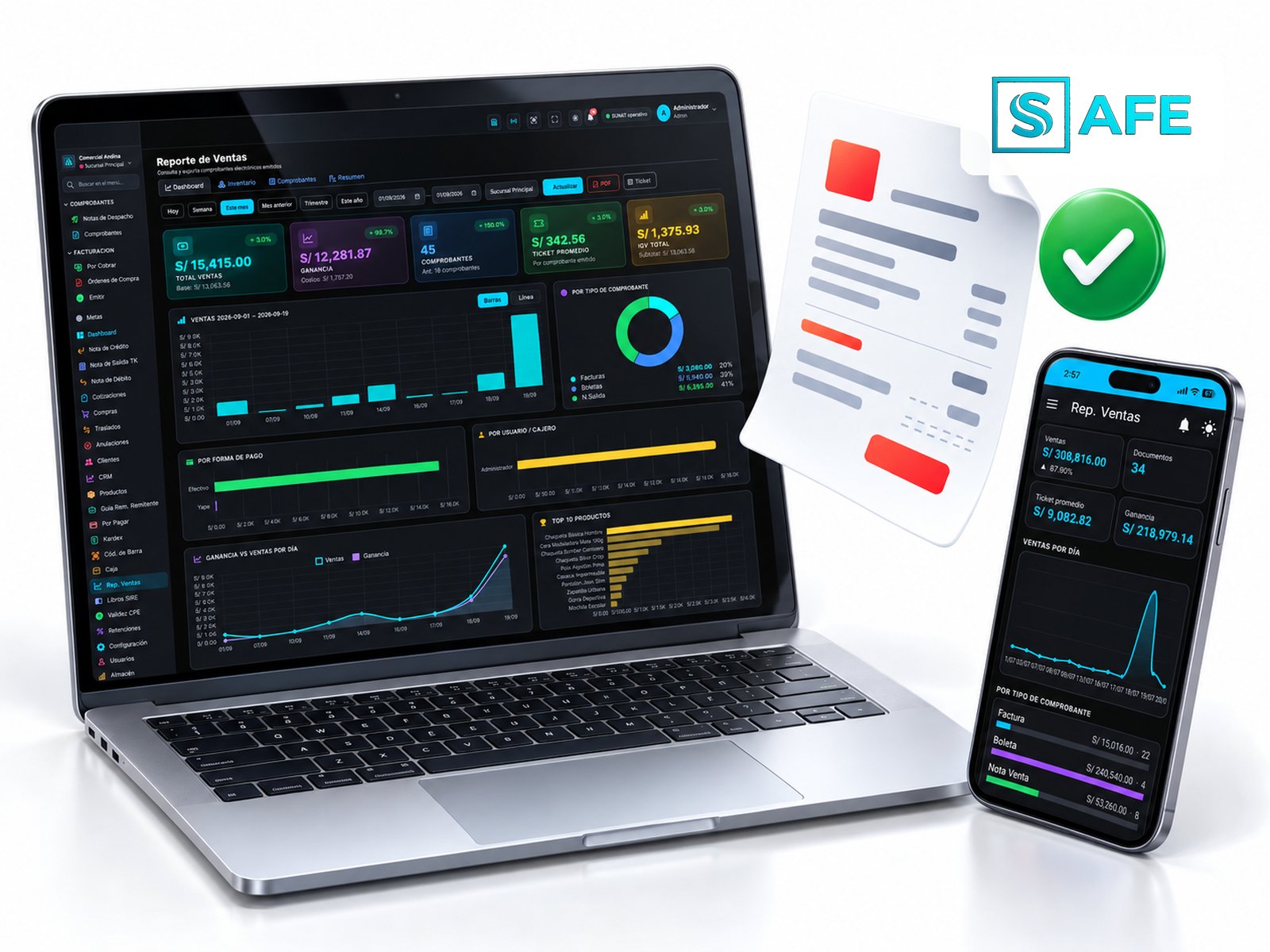Facturación electrónica aceptada por SUNAT en laptop y celular con tecnología SAFE